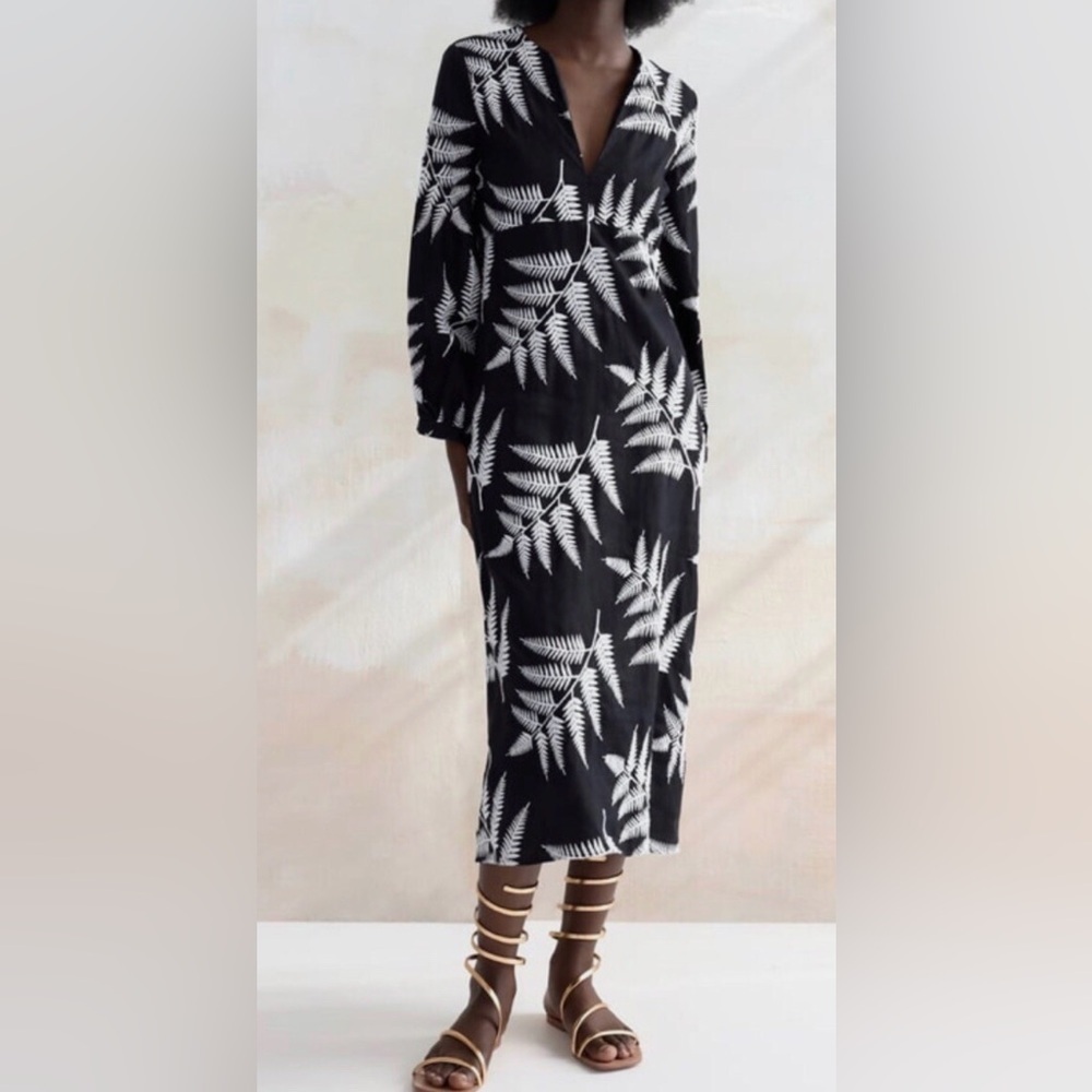 Zara Black/White Embroidered Tropical Midi Dress Resortwear Summer Vacation Lrg